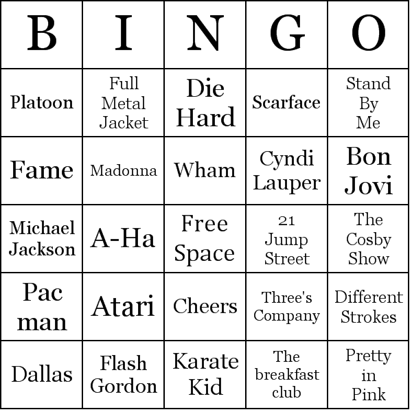 The 80'S Bingo Card Preview
