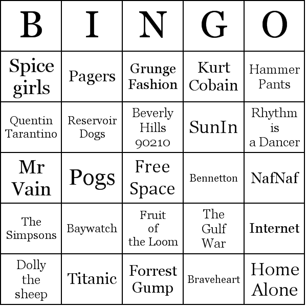 The 90'S Bingo Card Preview